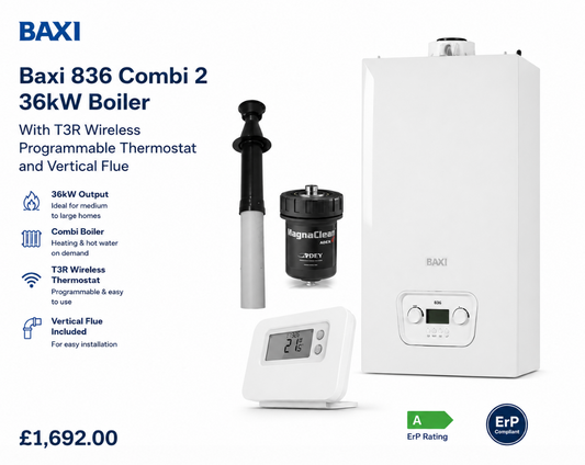 Baxi 836 Combi 2 36kW Boiler With T3R Wireless Programmable Thermostat and Vertical Flue