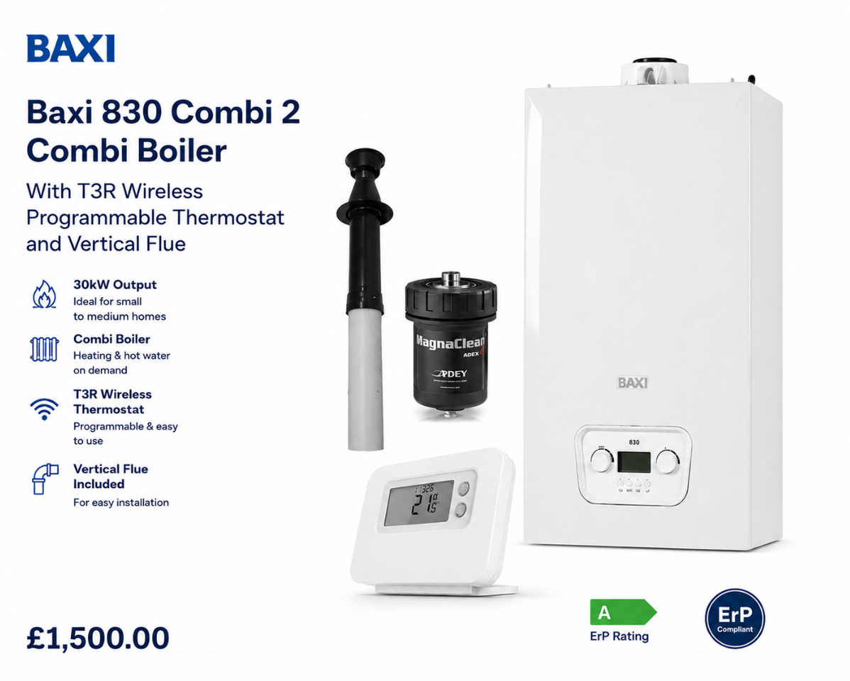 Baxi 830 Combi 2 30kW Boiler With T3R Wireless Programmable Thermostat and Vertical Flue