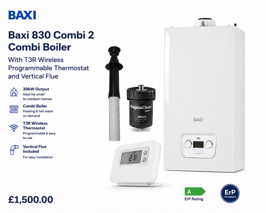 Baxi 830 Combi 2 30kW Boiler With T3R Wireless Programmable Thermostat and Vertical Flue