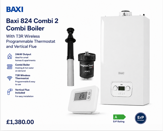 Baxi 824 Combi 2 24kW Boiler With T3R Wireless Programmable Thermostat and Vertical Flue